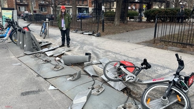 Wreckage in Little Italy after drunk driver tries to parallel park — on top of Bixi stand